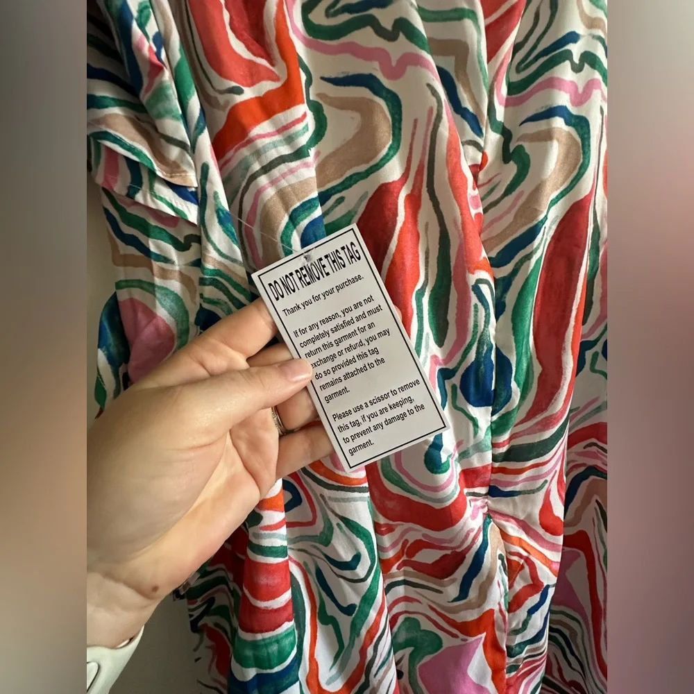 NWT June + Vie Printed Watercolor Marble Multicolor Hi-Low Ruffle Midi Dress - Picture 10 of 11